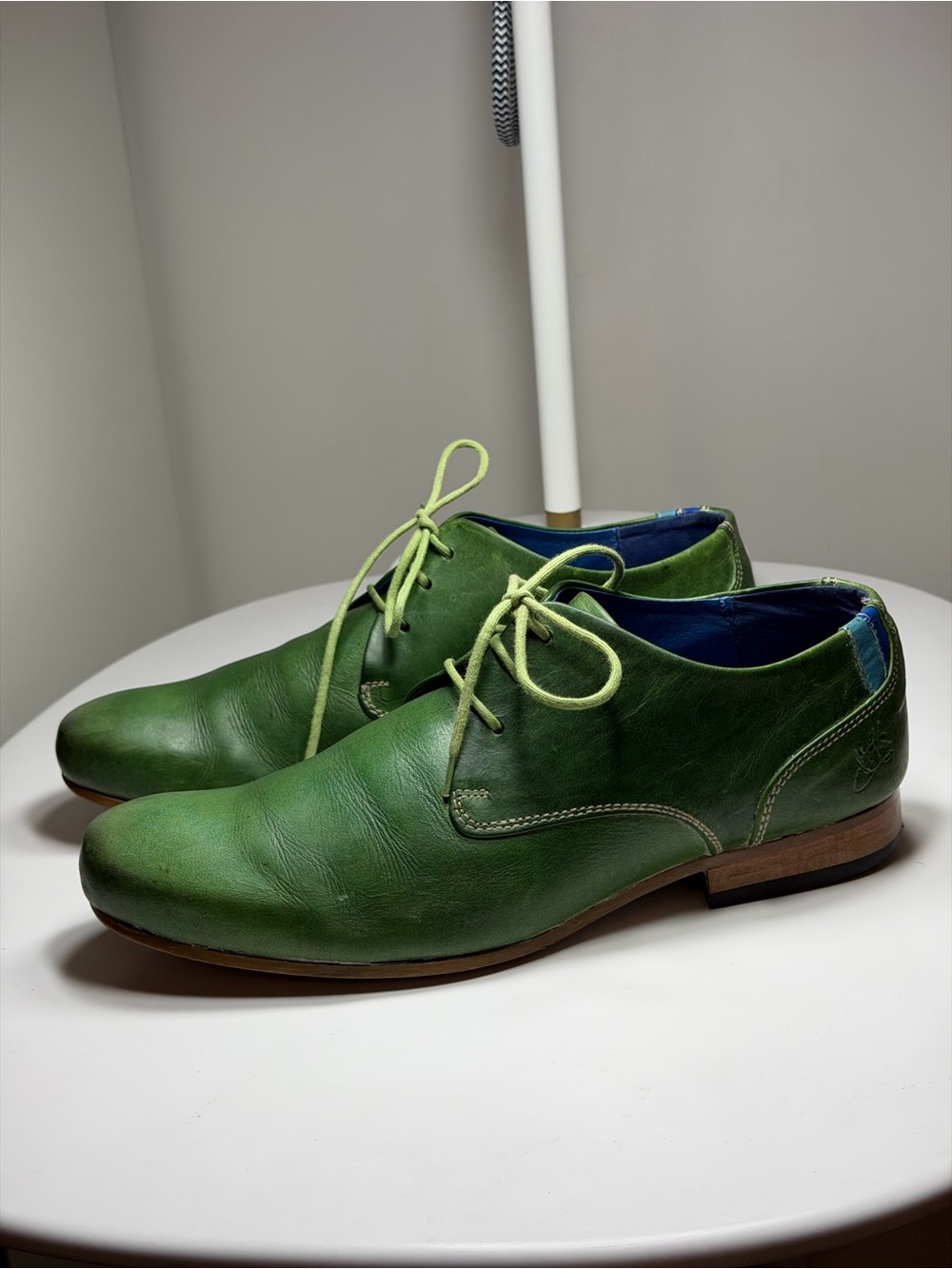 John Fluevog Green Leather Derby Shoes with Lime Laces